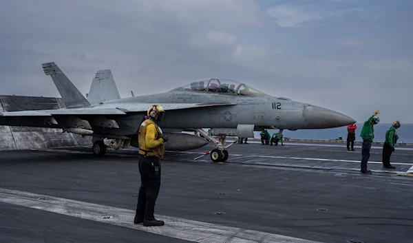 F/A-18F Super Hornet fighter jet takes off from the USS aircraft carrier Dwight D. Eisenhower, also known as the 'IKE', in the south Red Sea, February 13, 2024 (AP)