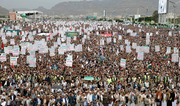 Thousands of Houthi supporters take part at a rally against the U.S. and Israel and to support Palestinians in the Gaza Strip, in Sanaa, Yemen, Friday, April. 26, 2024. (AP Photo)