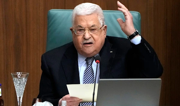 Palestinian President Mahmoud Abbas speaks during a conference to support al-Quds at the Arab League headquarters in Cairo, Egypt, on Feb. 12, 2023 (AP)