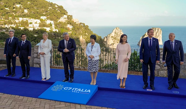 US Secretary of State Blinken, French FM Sejourne, Canada's FM Joly, Italian FM Tajani, Japan's FM Yoko, German FM Annalena Baerbock, UK's David Cameron, and EU chief Josep Borrell at the G7 of foreign Ministers in Capri, Italy, April 18, 2024(AP)