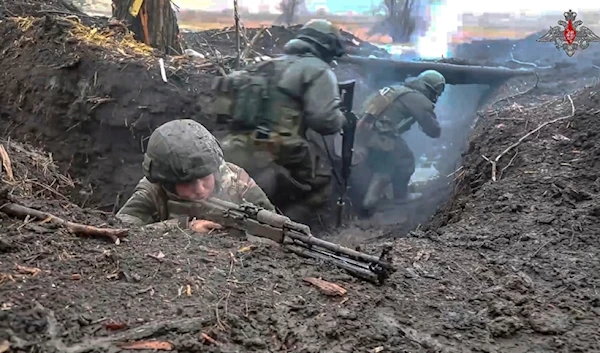 In this photo released by the Russian Defense Ministry Press Service on Monday, April 15, 2024, Russian soldiers participate in a military exercise in the Donetsk region. (AP)