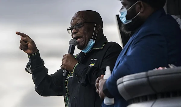 In this Sunday, July 4, 2021, former president Jacob Zuma addresses supporters at his home in Nkandla, South Africa. (AP)