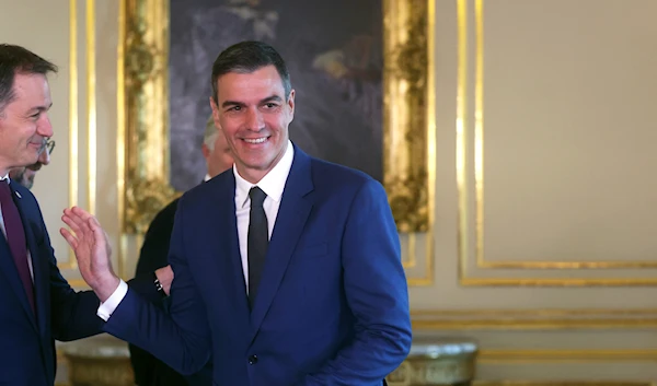 Spain's Prime Minister Pedro Sanchez during a reception at the Royal Palace prior to an EU summit in Brussels, Wednesday, April 17, 2024. (Pool Photo via AP)