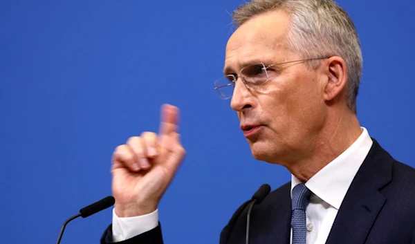 NATO Secretary General Jens Stoltenberg addresses a media conference during a meeting of NATO foreign ministers at NATO headquarters in Brussels, Wednesday, April 3, 2024. (AP)