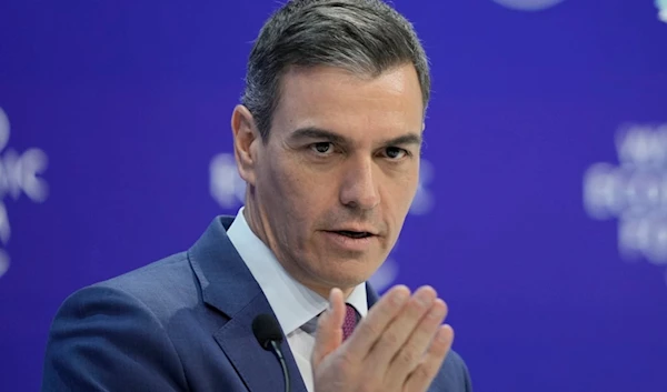 Pedro Sanchez, Spain's Prime Minister delivers his speech at the Annual Meeting of World Economic Forum in Davos, Switzerland, on Jan. 17, 2024. (AP)