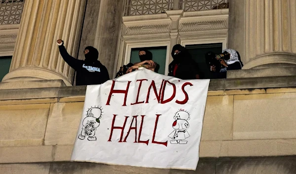 Students with the Gaza encampment take over Hamilton Hall at Columbia University in New York, naming it Hind's Hall. (AP)