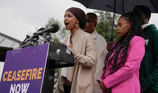 Rep. Ilhan Omar, D-Minn., left, talks during a press conference to call for a ceasefire in Israel and Gaza on Capitol Hill, Oct. 20, 2023, in Washington. (AP)