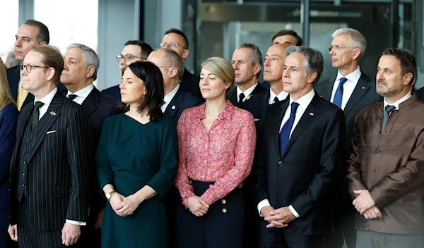 Sweden's Foreign Minister Tobias Billstrom with other NATO leaders at a ceremony to mark the 75th anniversary of NATO at NATO headquarters in Brussels, Thursday, April 4, 2024. (AP)