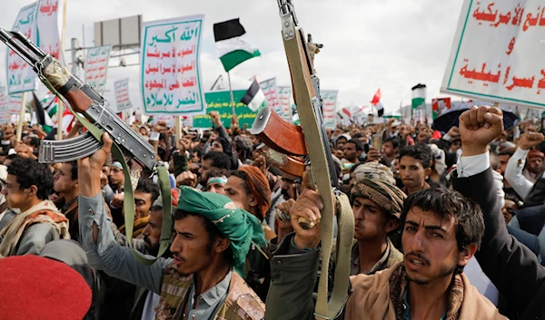 Houthi supporters attend a rally in support of the Gaza Strip, in Sanaa, Yemen, March 8, 2024 (AP)