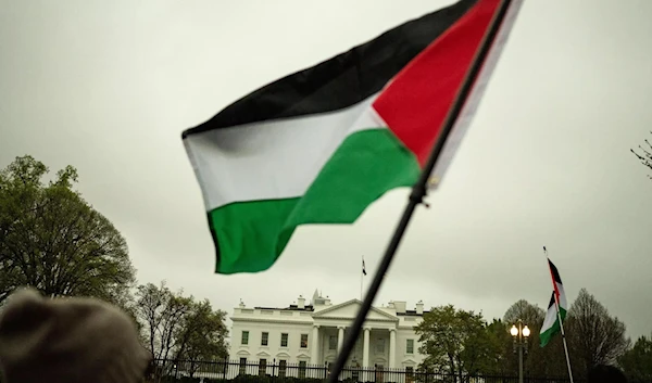 Pro-Palestinian protesters raise Palestinian flags in front of the White House. (AFP via Getty Images)