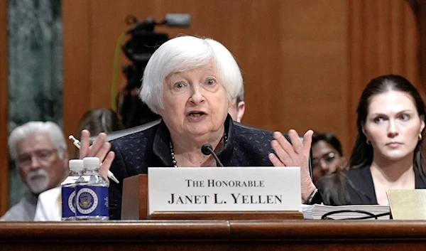 Treasury Secretary Janet Yellen, center, testifies during a Senate Finance hearing to examine the President's proposed budget request for fiscal year 2025 on Capitol Hill on March 21, 2024, in Washington. (AP)