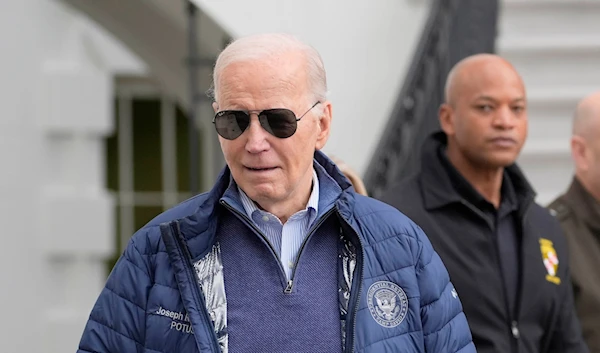 President Joe Biden walks out of the White House as he walks to Marine One for departure from the South Lawn of the White House, Friday, April 5, 2024, in Washington (AP)