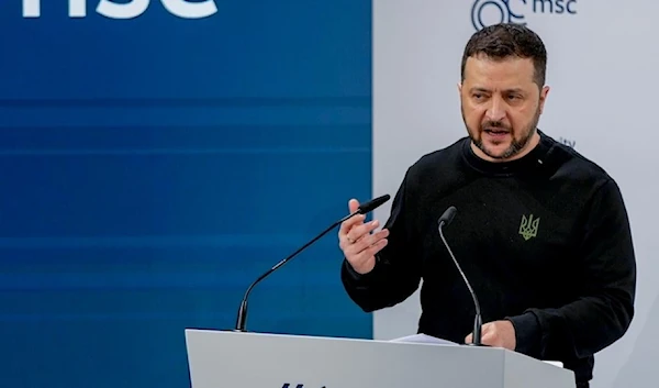 Ukrainian President Volodymyr Zelensky delivers a speech at the Munich Security Conference  in Germany on February 18, 2024. (AP)