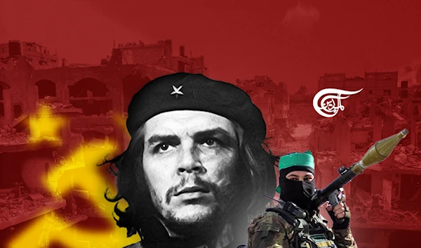 An illustration showing Ernesto Che Guevara, a Palestinian freedom fighter, and the destruction in Gaza caused by Israeli strikes. ( Illustrated by: Mahdi Rtail, Al Mayadeen English)