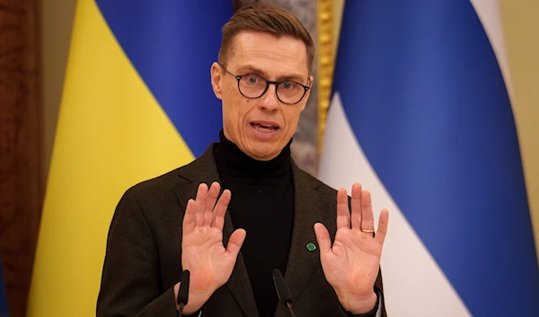 Finland's President Alexander Stubb gestures during a press conference with Ukraine's President Volodymyr Zelenskyy in Kiev, Ukraine, Wednesday, April 3, 2024.(AP)