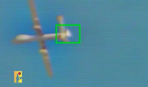 A screen grab from a video showing an Israeli Hermes 900 UAV being downed by Hezbollah fighters. (Military Media of the Islamic Resistance in Lebanon)