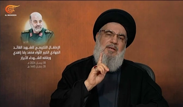 The Secretary-General of Hezbollah, Sayyed Hassan Nasrallah, during the honoring ceremony held by Hezbollah on the occasion of the martyrdom of the Commander of the Quds Force in Lebanon and Syria (Screen Grab)