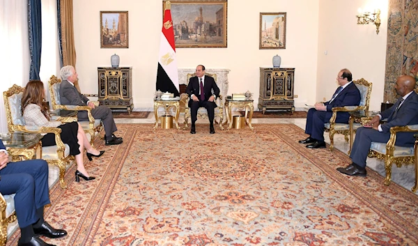 A handout picture released by the Egyptian Presidency shows Egyptian President Abdel Fattah el-Sissi (R) meeting with CIA director William Burns (C-L) at Ittihadiya Palace in Cairo, on February 13, 2024. (AFP)