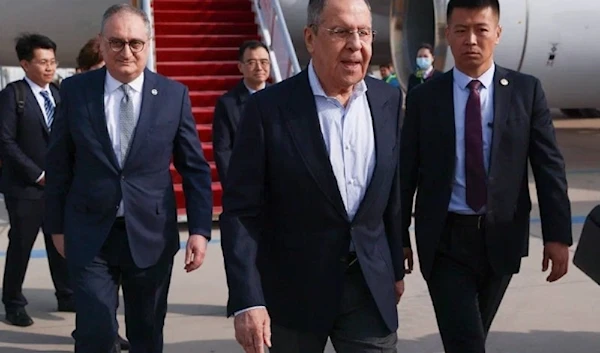 Russian Foreign Minister Sergey Lavrov arrives in Beijing on April 8, 2024. (Russian Foreign Ministry via Telegram)