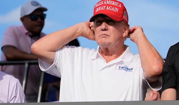 Republican presidential candidate former President Donald Trump during the final round of LIV Golf Miami, at Trump National Doral Golf Club, Sunday, April 7, 2024. (AP)