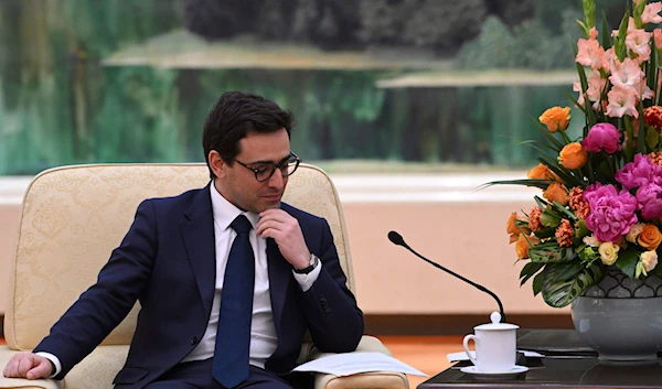 France's Foreign Minister Stephane Sejourne attends a meeting with China's Premier Li Qiang at the Great Hall of the People in Beijing, China Monday, April 1, 2024. (AP)