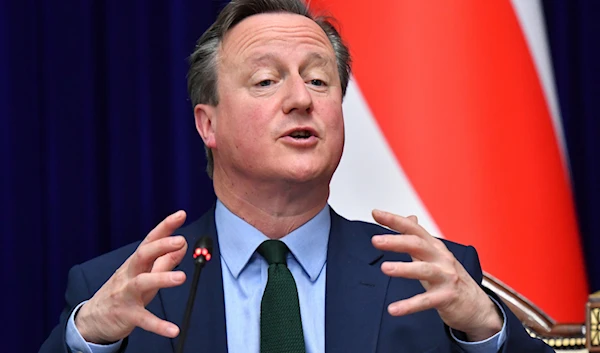 British Foreign Secretary David Cameron speaks during a joint news conference with Kyrgyzstan's Foreign Minister Jeenbek Kulubaev in Bishkek, Kyrgyzstan, on April 22, 2024. (AP)