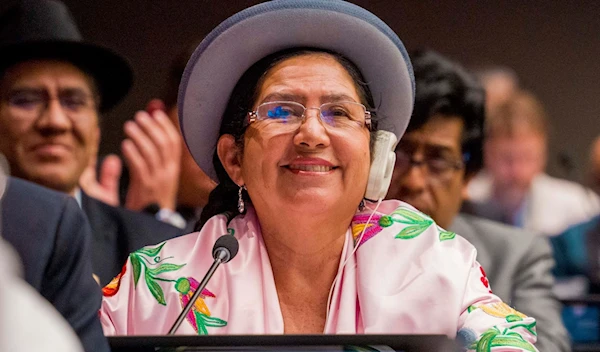 Bolivia's Foreign Minister, Celinda Sosa Lunda, attending the 23rd Session of the Permanent Forum on Indigenous Issues of the United Nations on April 16, 2024. (X, @CelindaBolivia)