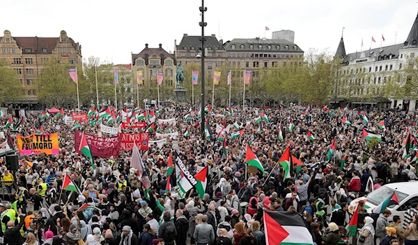 People protest at a pro-Palestinian rally ahead of the second semifinal at the Eurovision Song Contest in Malmo, Sweden, May 9, 2024. (AP)