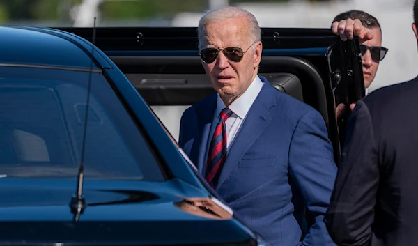 President Joe Biden turns to a reporter's question as he arrives on Air Force One at Seattle-Tacoma International Airport, Friday, May 10, 2024, in SeaTac, Wash. (AP)