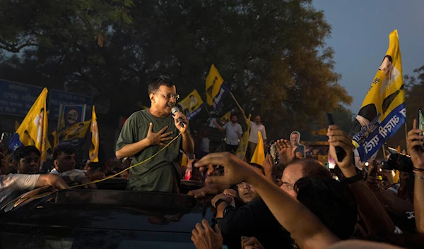 Aam Aadmi Party leader Arvind Kejriwal speaks to supporters after his release from Tihar Jail in New Delhi, India, Friday, May 10, 2024.  (AP)