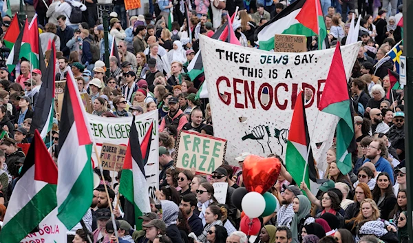 Pro-Palestinian demonstrators gather for a protest against the participation of Israeli contestant Eden Golan ahead of the final of the Eurovision Song Contest in Malmo, Sweden, Saturday, May 11, 2024. (AP)