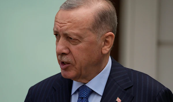 Turkish President Recep Tayyip Erdogan speaks to the media during a presser following the Friday noon prayer in Istanbul, Turkey, on May 3, 2024. (AP)