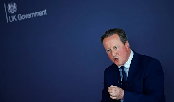 Britain's Foreign Secretary David Cameron delivers a speech at the National Cyber Security Centre in London, Thursday May 9, 2024. (AP)