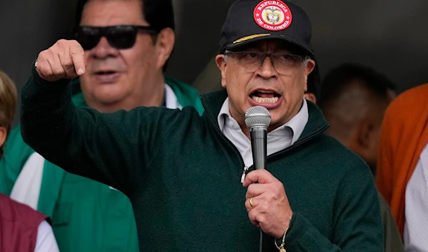 Colombian President Gustavo Petro speaks at the International Workers' Day march in Bogota, Colombia, Wednesday, May 1, 2024. (AP)