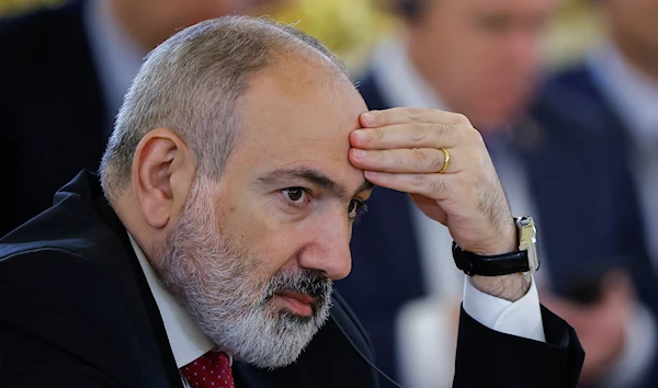 Armenian Prime Minister Nikol Pashinyan attends a meeting of the Supreme Eurasian Economic Council of the Eurasian Economic Union at the Kremlin in Moscow, Russia, on Wednesday, May 8, 2024. (AP)