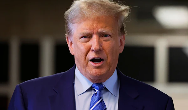 Former President Donald Trump speaks to the media as he arrives for the second day of jury selection at Manhattan criminal court, Tuesday, April 16, 2024, in New York. (AP)