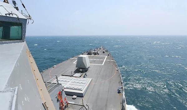 The US Navy, the Arleigh Burke-class guided-missile destroyer USS Halsey (DDG 97) conducts routine underway operations while transiting through the Taiwan Strait Wednesday, May 8, 2024. (AP)