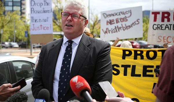 Defendant David McBride talks to the media before his court appearance in Canberra, Australia, on Friday, Feb. 14, 2020. (AP)