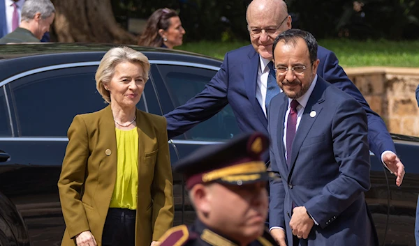 Lebanese caretaker Prime Minister Najib Mikati, center, welcomes Cyprus' president Nikos Christodoulides, right, and Ursula von der Leyen, President of the European Commission at the government palace, in Beirut, Lebanon, Thursday, May 2, 2024.(AP)