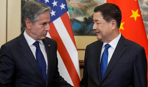 US Secretary of State Antony Blinken meets with China's Minister of Public Security Wang Xiaohong at the Diaoyutai State Guesthouse, Friday, April 26, 2024, in Beijing, China. (AP)