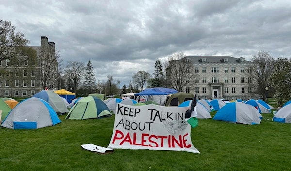 A student encampment is shown at Middlebury College as they protest the Israel-Hamas war in Middlebury, Vt., on Thursday, May 2, 2024. (AP Photo/Lisa Rathke)