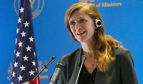 USAID chief Samantha Power speaks during a press conference at Sudan’s Council of Ministers in the capital Khartoum, on August 1, 2021. (AFP)