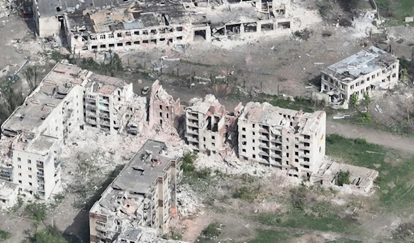 This photo taken from a drone video provided by Ukraine Patrol Police, shows devastation in Chasiv Yar, an eastern Ukrainian city Russia is assaulting, Ukraine, Monday, April 29, 2024.