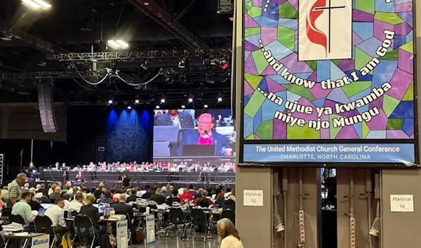 Michigan Bishop David Bard presides at a session of the General Conference of the United Methodist Church on Tuesday, April 30, 2024, in Charlotte, N.C. (AP)