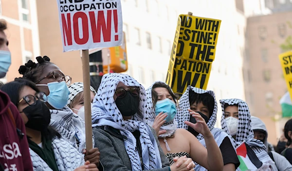 Protesters demonstrate against the war in Gaza outside the entrance to the campus of Columbia University, Tuesday, April 30, 2024, in New York.(AP)