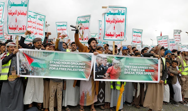 Yemenis shout slogans during a rally against the US-led strikes against Yemen and in support of Palestinians in the Gaza Strip, in Sanaa, Yemen, Friday, April. 26, 2024. (AP)