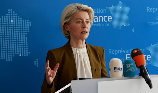 European Commission President Ursula von der Leyen delivers her speech after a meeting with French President Emmanuel Macron and China's President Xi Jinping, Monday, May 6, 2024 in Paris. (AP)