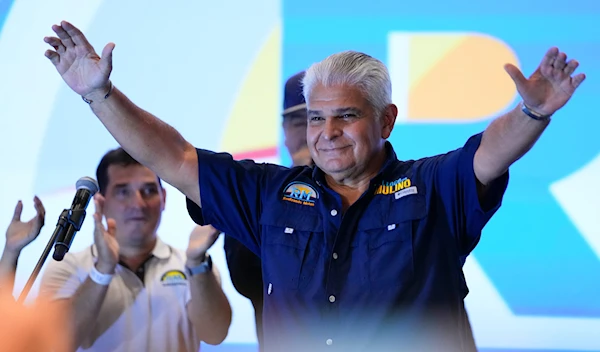 Presidential candidate Jose Raul Mulino, of the Achieving Goals party, celebrates after winning on the day of the general electing in Panama City, May 5, 2024. (AP)