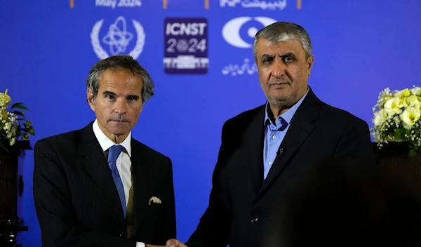 International Atomic Energy Organization, IAEA, Director General Rafael Grossi, and head of Iran's atomic energy department Mohammad Eslami in the city of Isfahan, Iran, May 7, 2024. (AP)