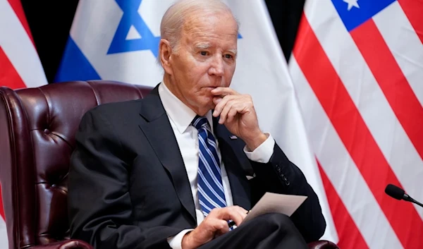 President Joe Biden listens as he and Israeli Prime Minister Benjamin Netanyahu participate in an expanded bilateral meeting with Israeli and U.S. government officials, Wednesday, Oct. 18, 2023, in Tel Aviv. (AP)